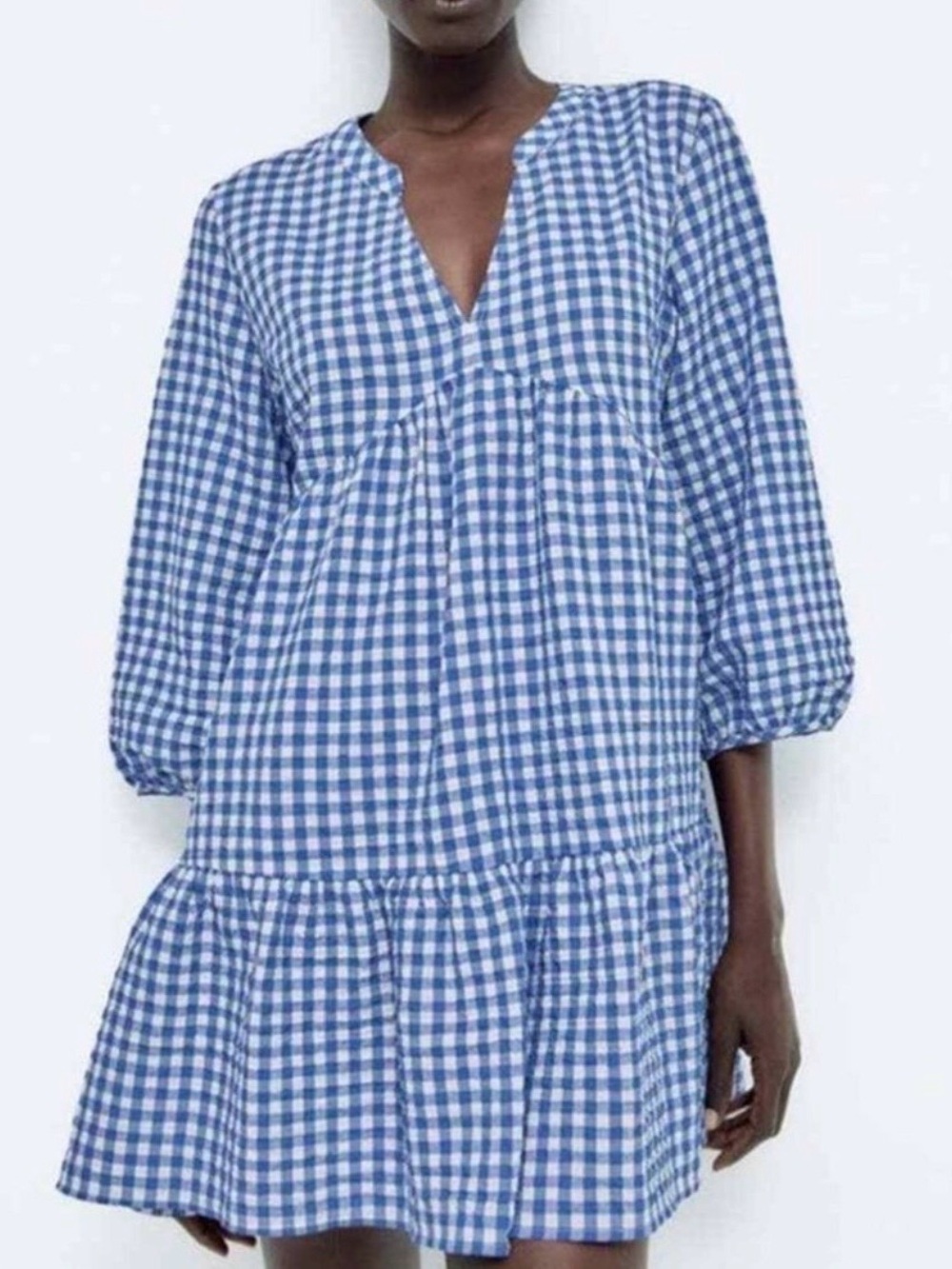 Zara Blue Gingham V-Neck Babydoll Dress Size S